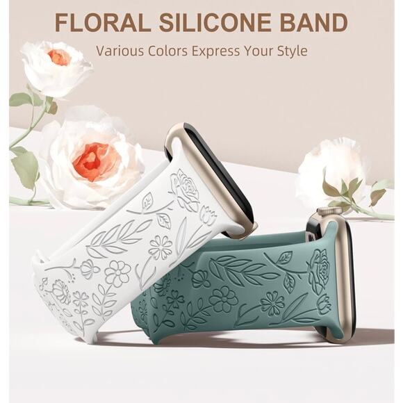 Unbranded Apple iWatch 9/8/7 SE‎ Engraved Rose Floral 34mm Silicone Watch Band - Picture 5 of 8